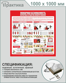 С13 Стенд пожарная безопасность (первичные средства пожаротушения) (1000х1000 мм, пластик ПВХ 3 мм, алюминиевый багет серебряного цвета) - Стенды - Стенды по пожарной безопасности - магазин "Охрана труда и Техника безопасности"