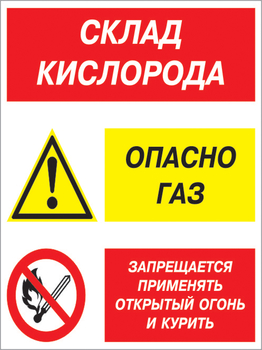 Кз 14 Склад кислорода. опасно газ - запрещается применять открытый огонь и курить. (пленка, 400х600 мм) - Знаки безопасности - Комбинированные знаки безопасности - магазин "Охрана труда и Техника безопасности"